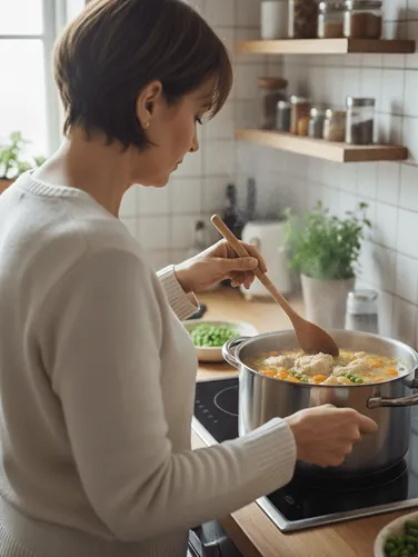 Příprava rybí polévky, žena míchá obsah hrnce během vaření.