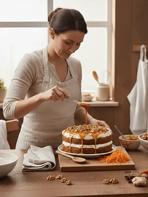 Zdobení mrkvového dortu krémem, oříšky a karamelem.