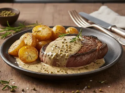Steak s omáčkou se zeleného pepře.