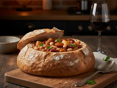 Servírování fazolové polévky v bochníku chleba.