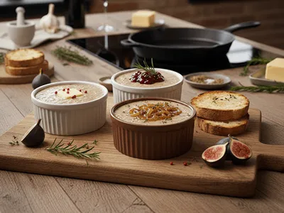 Paštika naservírovaná s bylinkami, brusinkami a smaženou cibulkou.