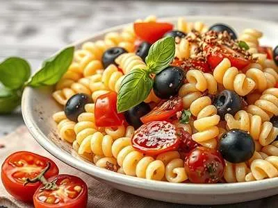 Těstovinový salát se sušenými rajčaty.