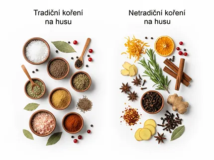 Tradiční a netradiční koření k pečené huse – kmín, majoránka, česnek, tymián a bylinkové směsi pro českou kuchyni.