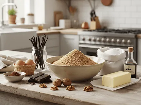 Ingredience na Pařížské rohlíčky rozložené na stole – kakao, máslo, cukr, ořechy a vejce.