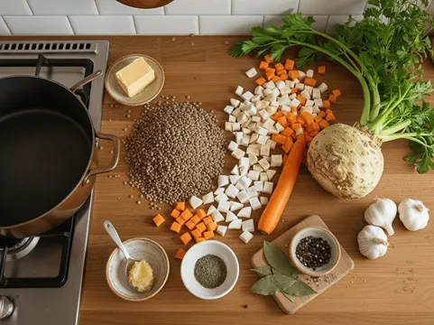 Suroviny na čočkovou polévku rozložené na stole – čočka, zelenina, koření.