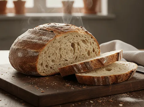 Čerstvě upečený domácí chléb podávaný jako příloha k čočkové polévce.