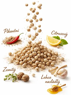 Chuť a vůně bílého pepře. 