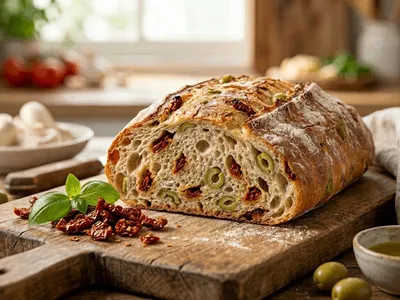 Ciabatta s olivami a sušenými rajčaty.