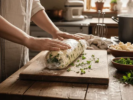 Domácí Karlovarský knedlík balený do potravinářské fólie před vařením ve vodě. Krok přípravy tradiční české přílohy.