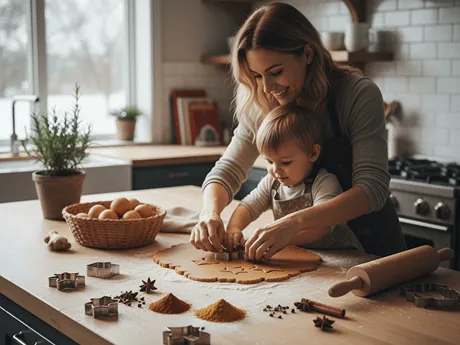 Žena a dítě společně vykrajují perníčky z těsta na vánoční pečení.