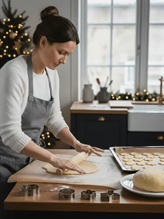 Příprava lineckého: žena vyvaluje těsto válečkem.