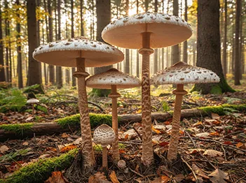 Bedly vysoké rostoucí v mechu a trávě v listnatém lese, zachycené v přirozeném světle podzimního dne.