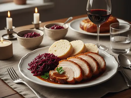 Tradiční český pokrm – pečený bůček s dušeným červeným zelím a houskovým knedlíkem servírovaný na talíři.