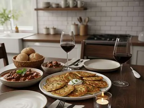 Bramborák servírovaný jako příloha ke guláši na talíři, tradiční česká kuchyně.