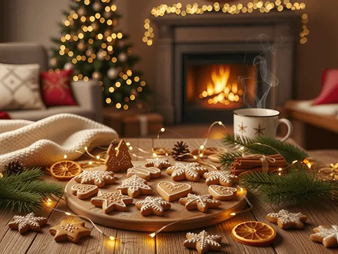 Tradiční vánoční perníčky zdobené polevou v zimní vánoční atmosféře se světýlky