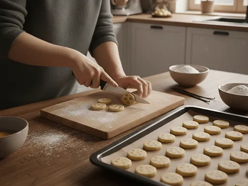 Krok 3: Žena krájí těsto na kousky a pokládá je na plech k pečení.