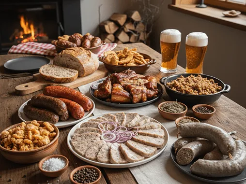 Stůl plný zabíjačkových jídel, jako jsou jitrnice, jelita, tlačenka a pečivo.