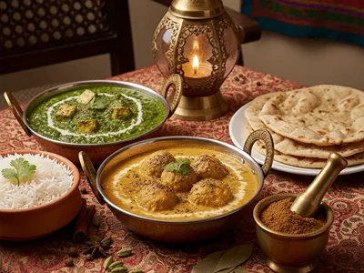 Indická jídla Palak Paneer a Malai Kofta s kořením Garam Masala.