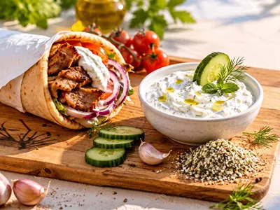 Řecký gyros s tzatziki.