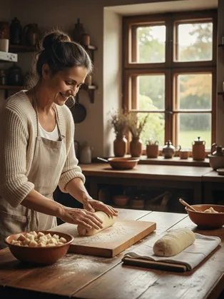 Domácí příprava houskových knedlíků – žena hněte těsto na knedlíky v rustikální kuchyni, součást českého nedělního oběda.