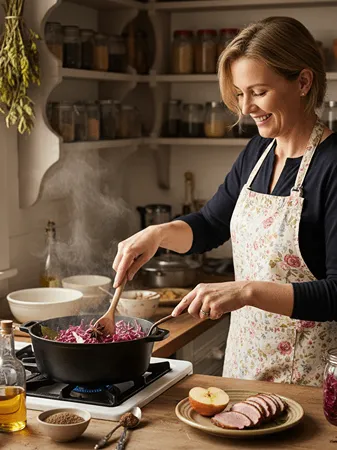 Žena vaří dušené červené zelí s cibulí a kořením v hrnci – příprava tradičního českého jídla.