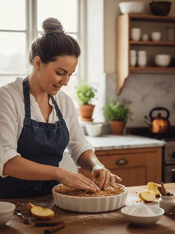 Žena připravuje domácí jablečný koláč z čerstvých jablek a drobenky v kuchyni, tradiční recept jablečný koláč, voňavé pečení se skořicí.