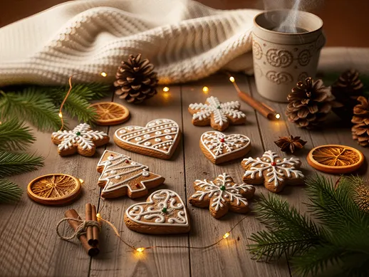 Vánoční perníčky na stole s ozdobami a svíčkami, tradiční české vánoční cukroví.