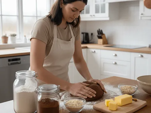 Žena ručně zpracovává těsto na vánoční cukroví, mísí suroviny na kuchyňské lince.