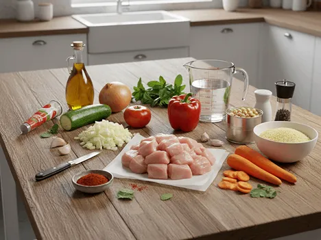 Suroviny na přípravu kuřecího masa s kuskusem.