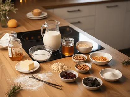 Suroviny na marokánky: ořechy, sušené ovoce, smetana a čokoláda.