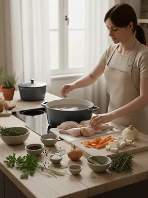 Žena vkládá kuřecí maso a zeleninu na vývar do hrnce.