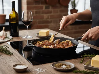 Restování jater s cibulkou, bylinkami a vínem.