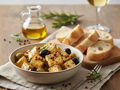 Nakládaný sýr s barevným pepřem.