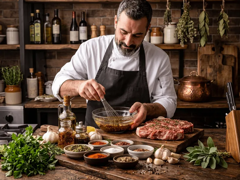 Muž připravuje marinádu na maso.