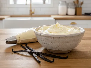 Vanilkový krém v misce připravený na plnění vánočního cukroví.