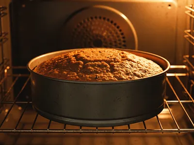 Pečení mrkvového dortu ve formě v troubě.