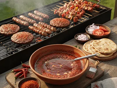 Bulharské speciality s čubricí červenou na grilu.