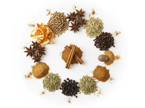 Tradiční koření na perník: skořice, hřebíček, badyán, zázvor a nové koření připravené na stole.