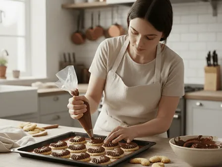 Žena zdobí pařížské rohlíčky krémem pomocí cukrářského sáčku.