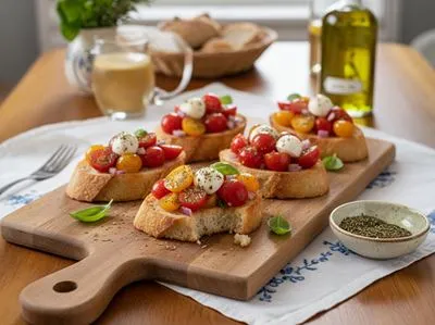 Jednohubky s rajčatovým salátem a sušenou bazalkou.