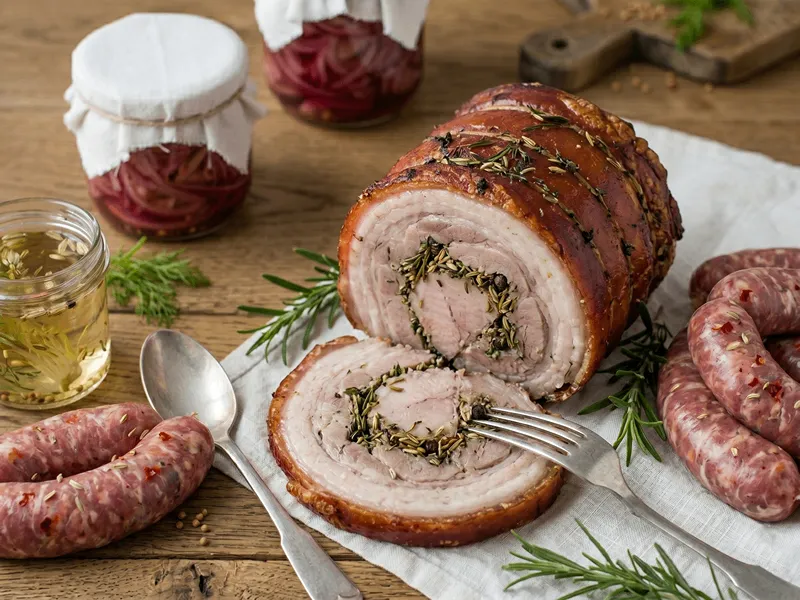 Fenykl složka italských klobás Salsiccia a masové rolky Porchetta