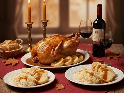 Pečená husa se zelím a houskovým knedlíkem na svátečně prostřeném stole – tradiční české jídlo.