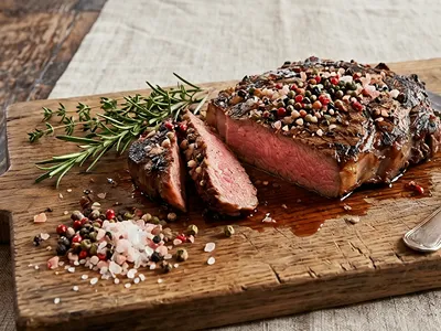 Steak s barevným pepřem a himalájskou solí.