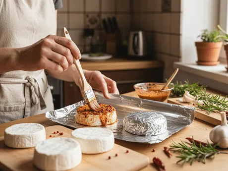 Domácí příprava nakládaných hermelínů – žena natírá sýr marinádou z oleje, bylinek a česneku a balí ho do alobalu.