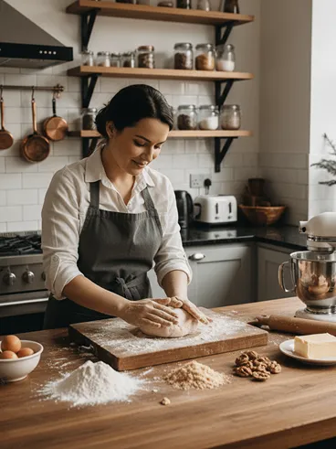 Žena ručně zpracovává těsto při přípravě domácího cukroví