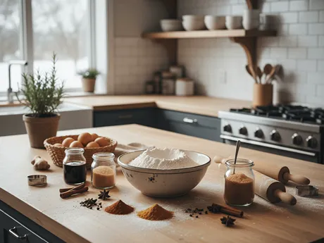 Různé ingredience na perníčky nachystané na stole, mouka, med, vejce a perníkové koření.