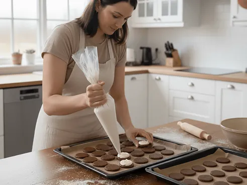 Žena vykrajuje těsto pomocí formiček při přípravě vánočního cukroví.