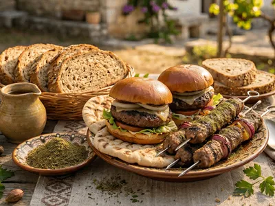Čerstvě grilované hamburgery a špízy s čubricí.