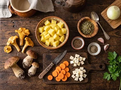 Ingredience na poctivou bramboračku: zelenina, koření a houby.