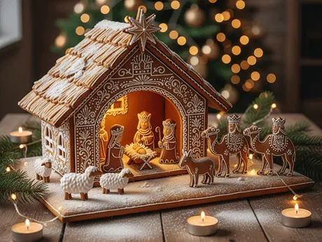 Perníkový betlém s figurkami a stájí, ručně zdobené vánoční cukroví.